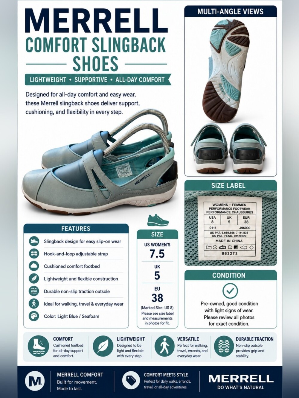 Merrell Comfort Slingback Mary Jane Shoes Women's 7.5 Light Blue Walking Casual